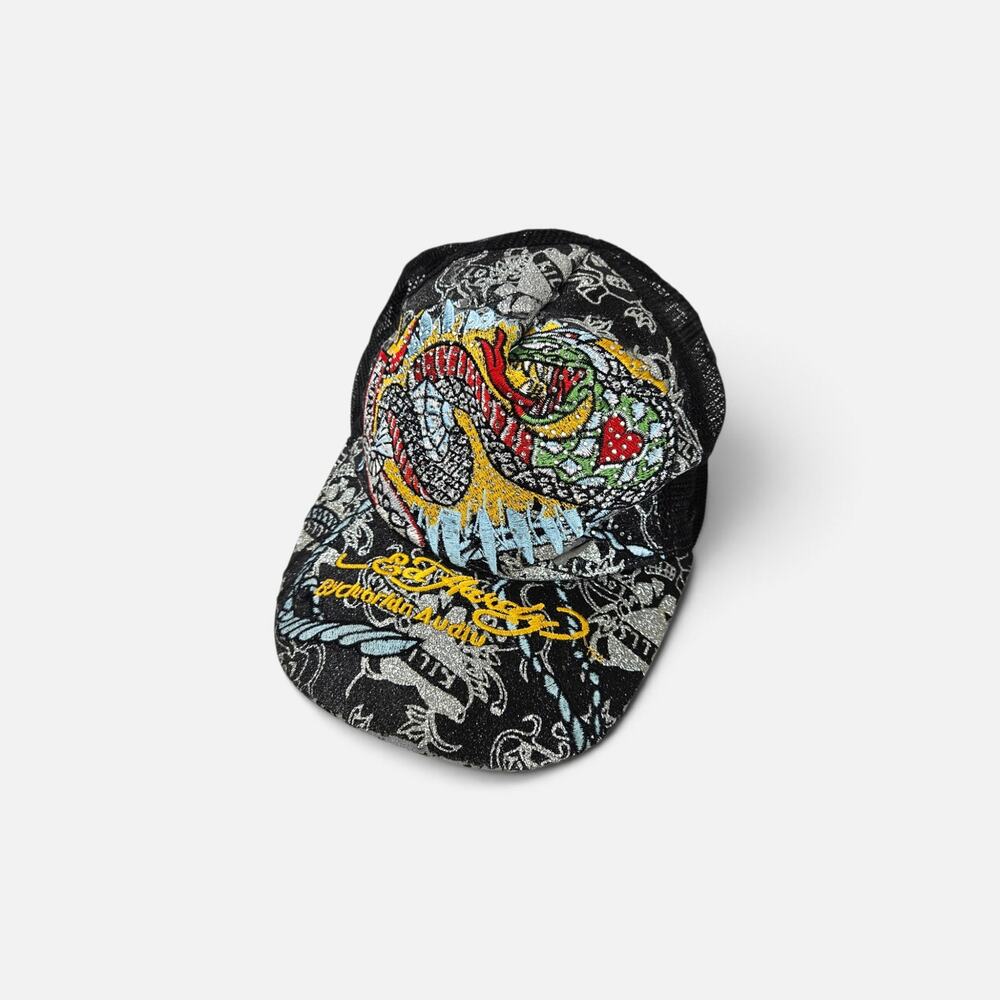 Vintage Ed Hardy Rhinestone Trucker Hat – Y2K Black Mesh Snapback